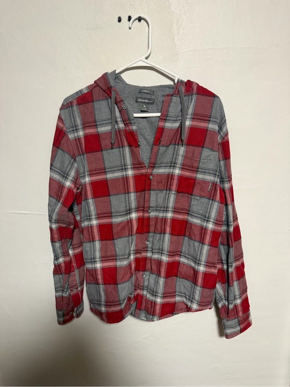 Eddie Bauer Red & Gray Plaid Hooded Flannel Shirt